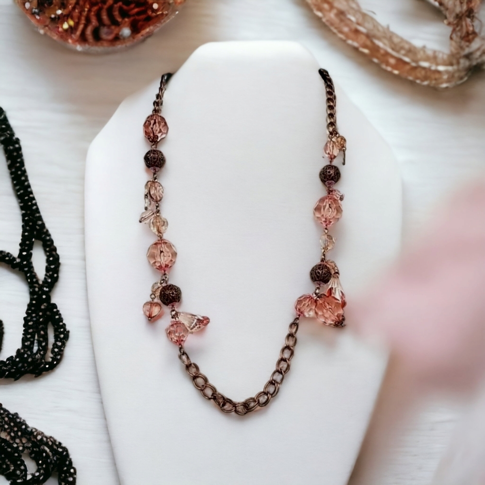 Vintage Acrylic Beaded Copper Metal Long Necklace